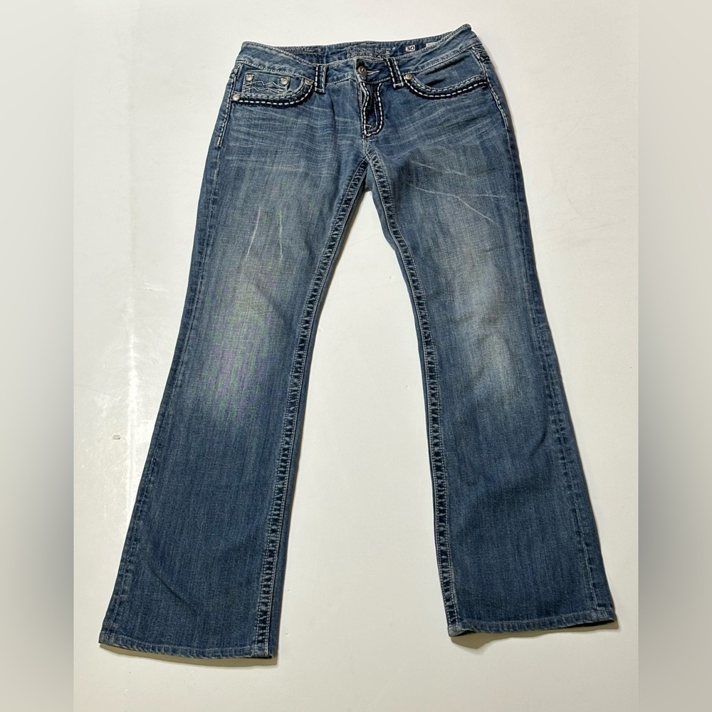 Miss Me Signature Rise Boot Cut Jeans Sz 30 Embellished Flap Pockets